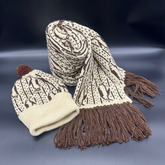 Accessories - Vintage Scarf Winter Hat Set Brown Cream Penguins 1980s Fringe Beanie Toboggan